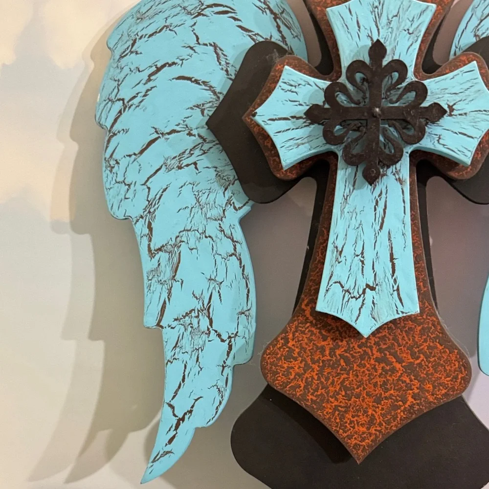Wooden Angel Wings Cross Blue, Brown and Black Cross With Wings Wall Decor